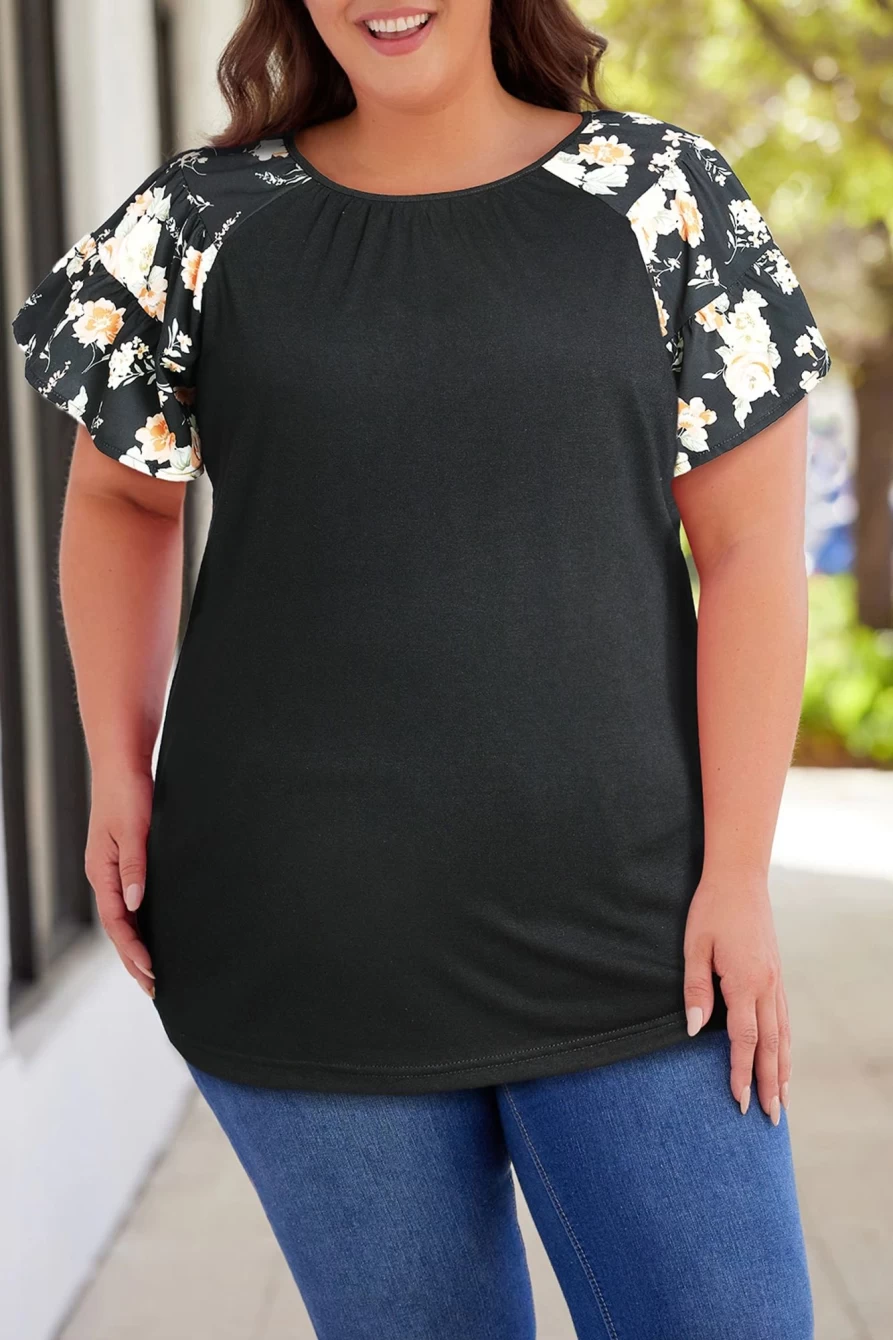 Shewin Women's Black Plus Size Floral Ruffle Sleeve Top