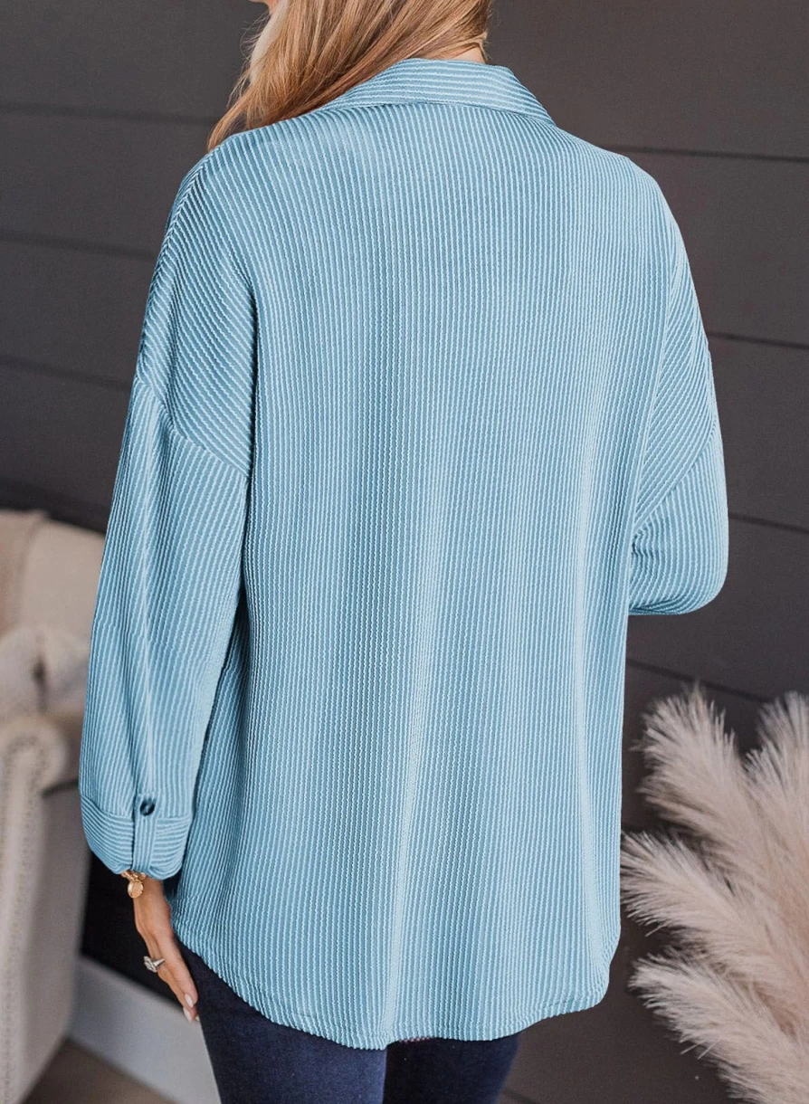 Women's Sky Blue Solid Color Button-Up Shacket with Roll Tab Sleeves by Shewin