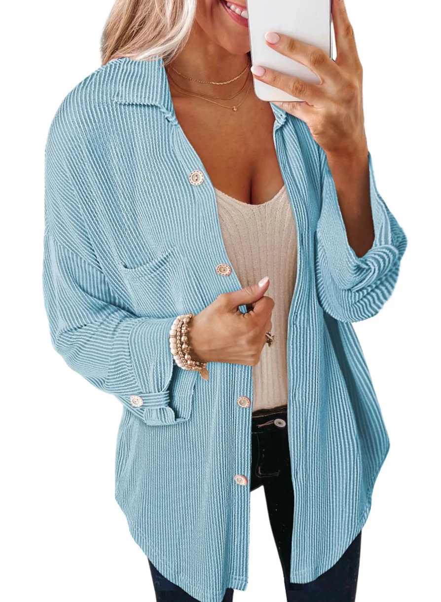 Women's Sky Blue Solid Color Button-Up Shacket with Roll Tab Sleeves by Shewin