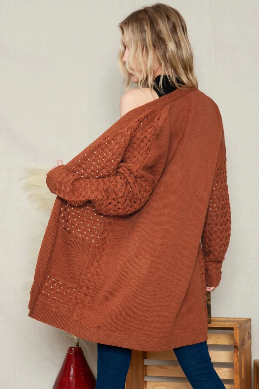 "SheWin Women's Brown Woven Knit Cardigan with Open Front Pockets"