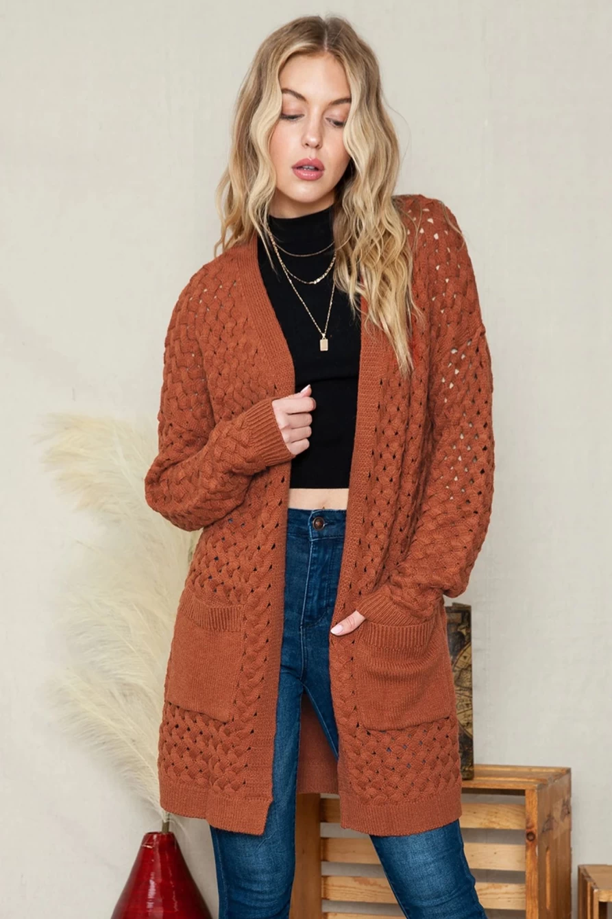"SheWin Women's Brown Woven Knit Cardigan with Open Front Pockets"