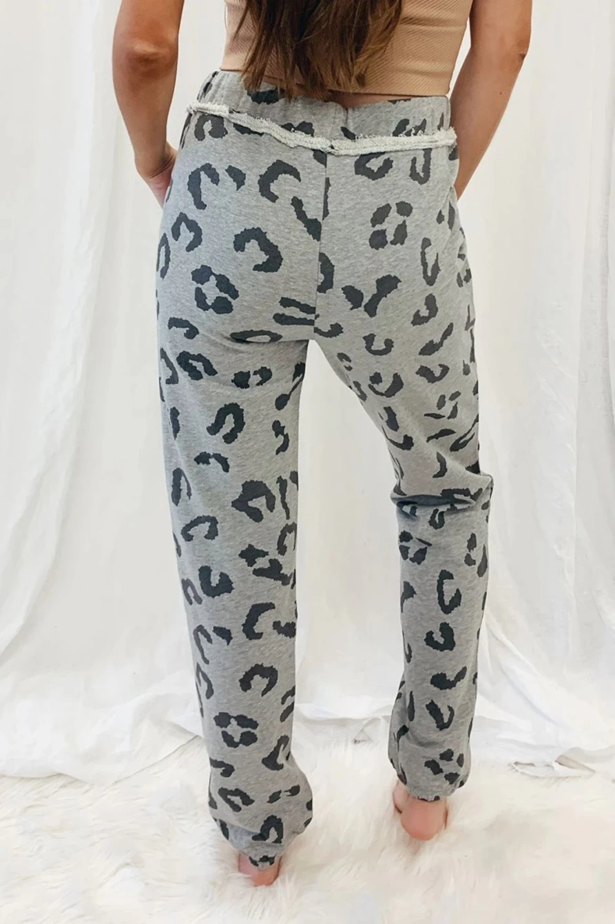 Shewin Women's Gray Leopard Print High Waist Jogger Pants with Drawstring