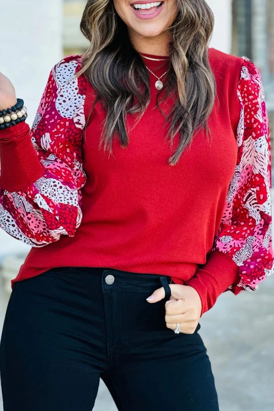 "SheWin Women's Fiery Red Ribbed Top with Mixed Animal Print Sleeves"