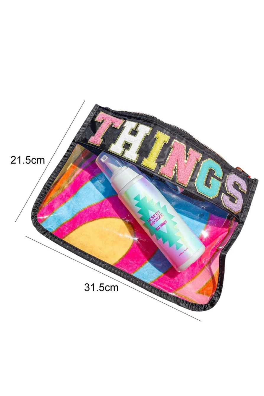 Shewin Black Letter Applique Zipped Clear Cosmetic Bag for Women