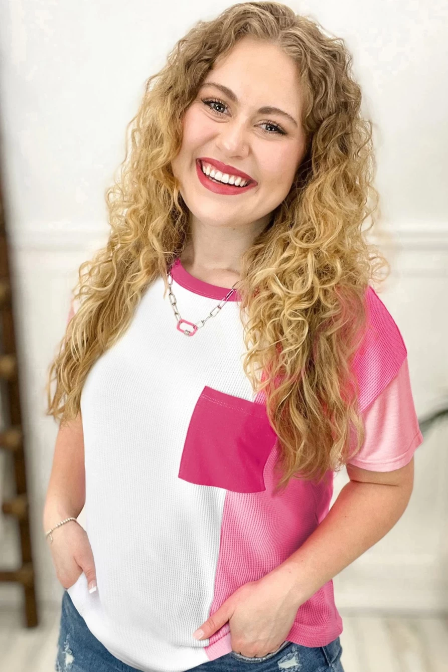 "Shewin Women's Peach Blossom Colorblock Patchwork Plus Size T-Shirt"