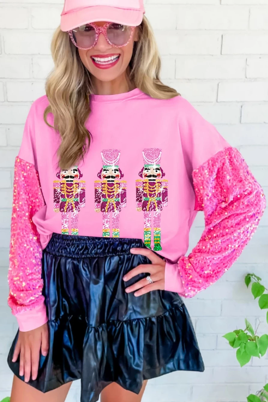 Women's Pink Sequin & Patchwork Nutcracker Graphic Sweatshirt - Shewin Holiday Festive Pullover