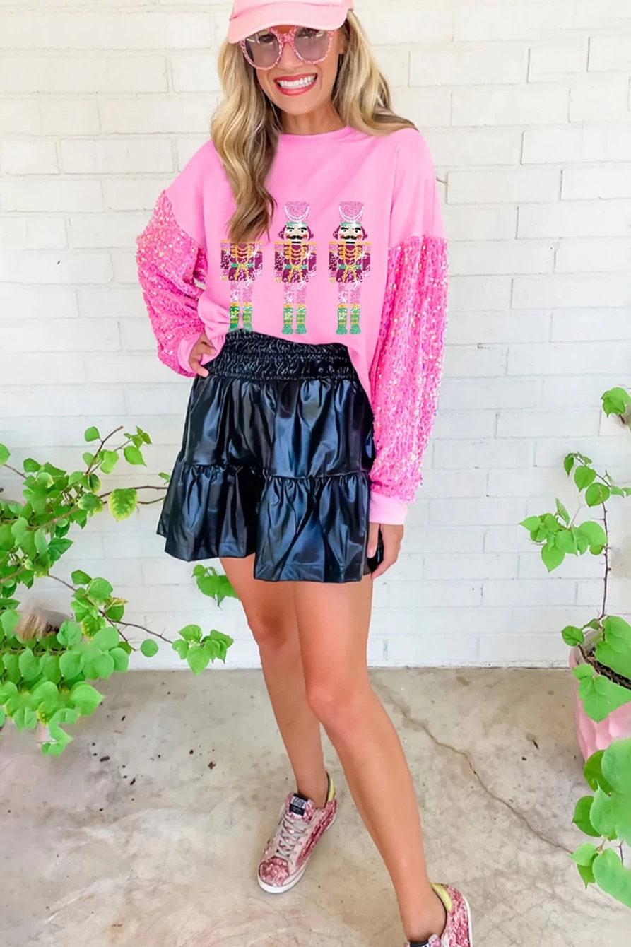 Women's Pink Sequin & Patchwork Nutcracker Graphic Sweatshirt - Shewin Holiday Festive Pullover