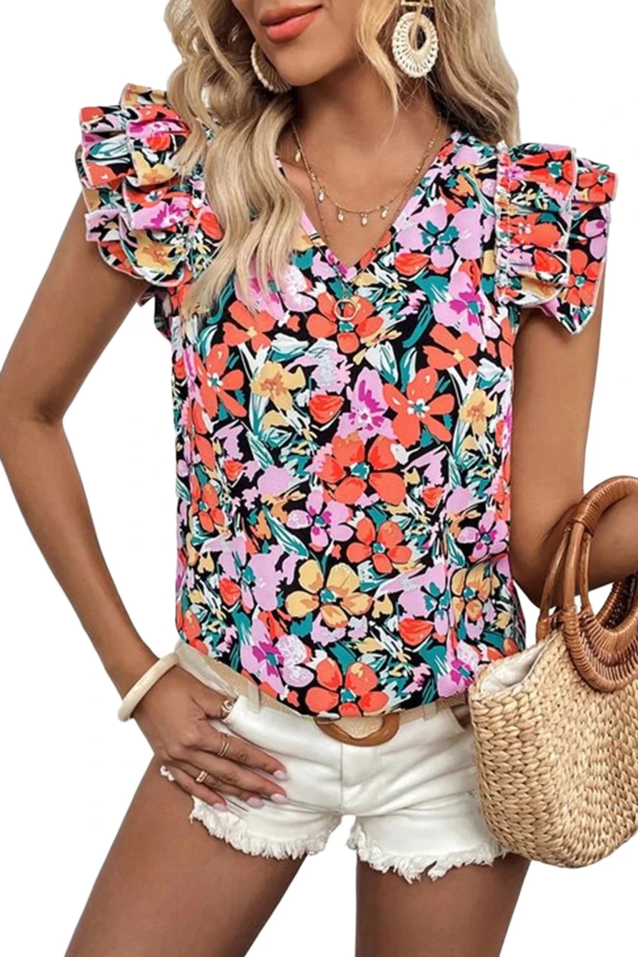 "Shewin Women's Boho Floral Print Ruffle Blouse - Multicolour Chic Bohemian Top"
