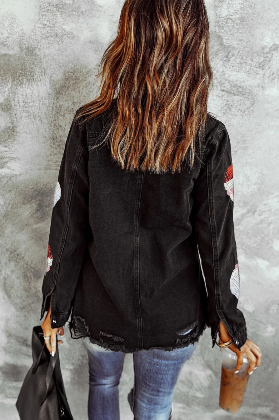 "SheWin Women's Black Sequined Santa Claus Embroidered Distressed Denim Jacket"
