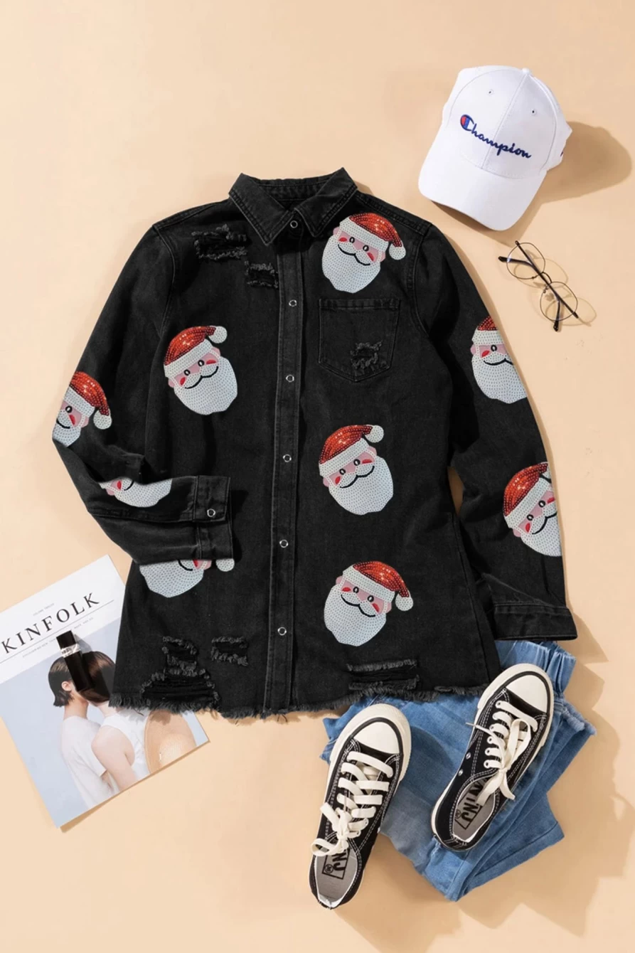 "SheWin Women's Black Sequined Santa Claus Embroidered Distressed Denim Jacket"