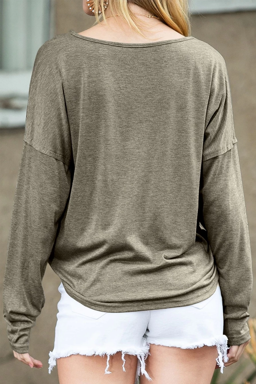"Shewin Women's Khaki Long Sleeve V-Neck Henley Top with Stitching Details"