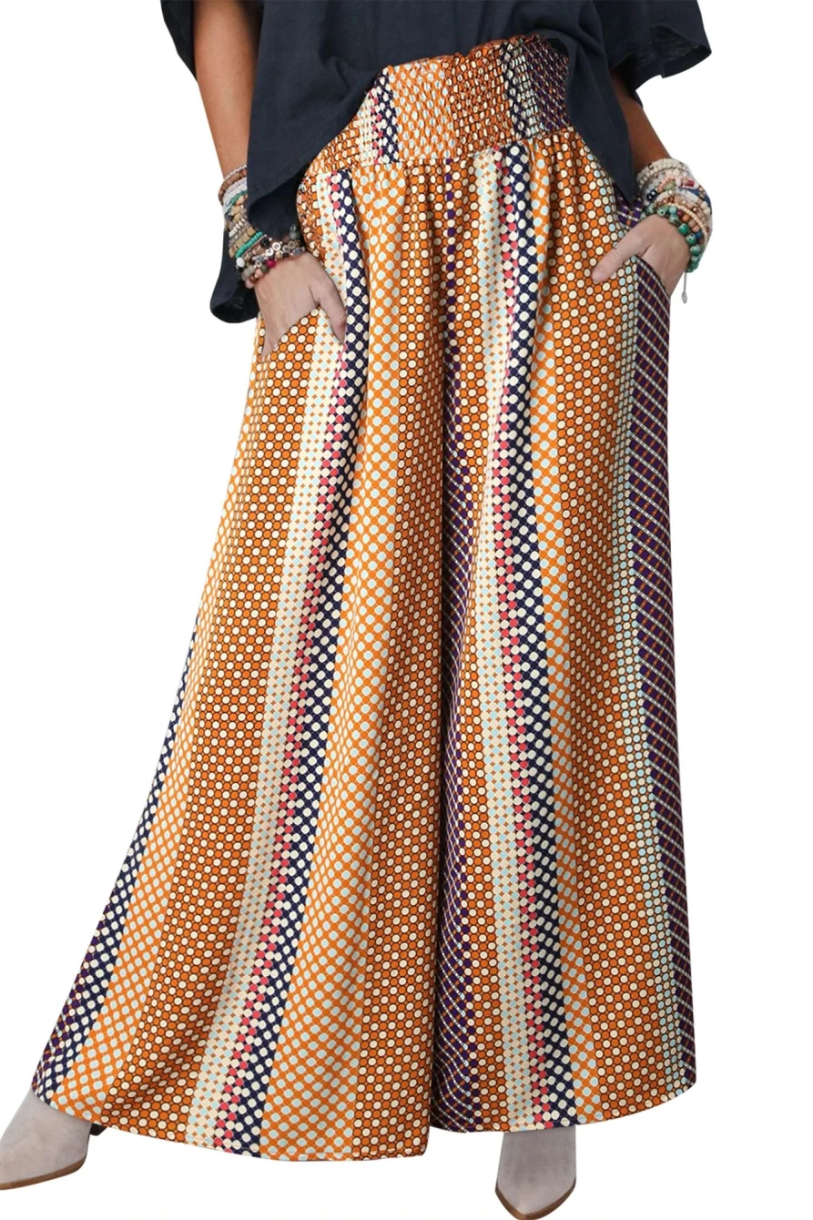 Shewin Women's Multicolor Geometric Print High Waist Wide Leg Pants