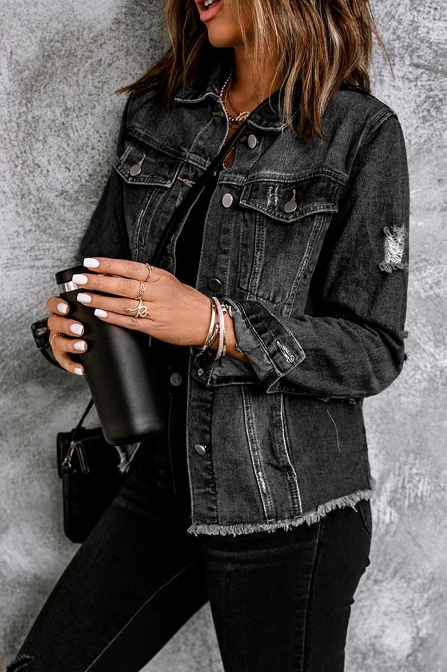 Shewin Women's Black Distressed Denim Jacket with Raw Hem & Button Detail - Casual Vintage Style