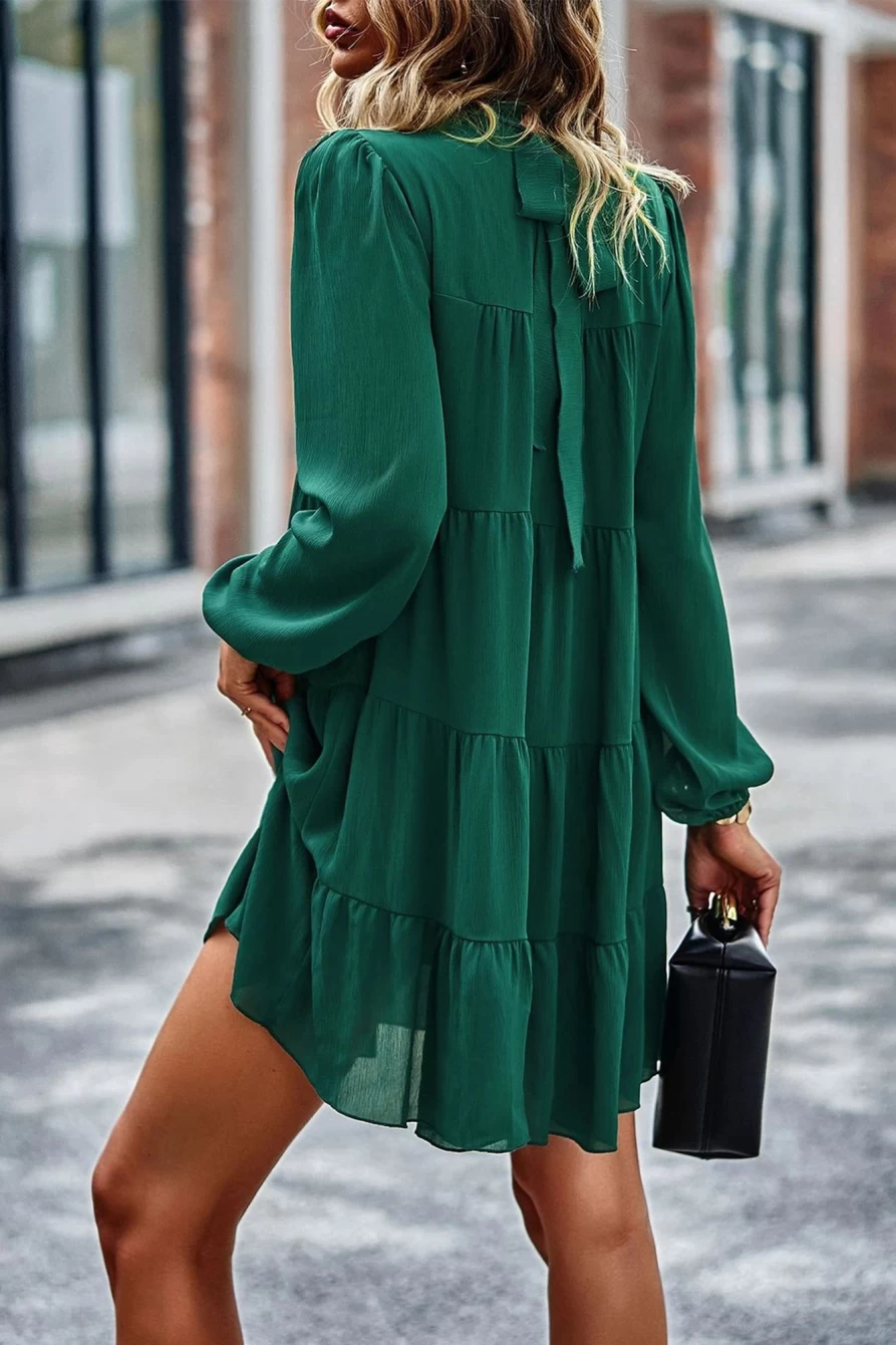 Shewin Women's Green Mock Neck Pleated Mini Dress - Solid Color Casual Elegant Outfit