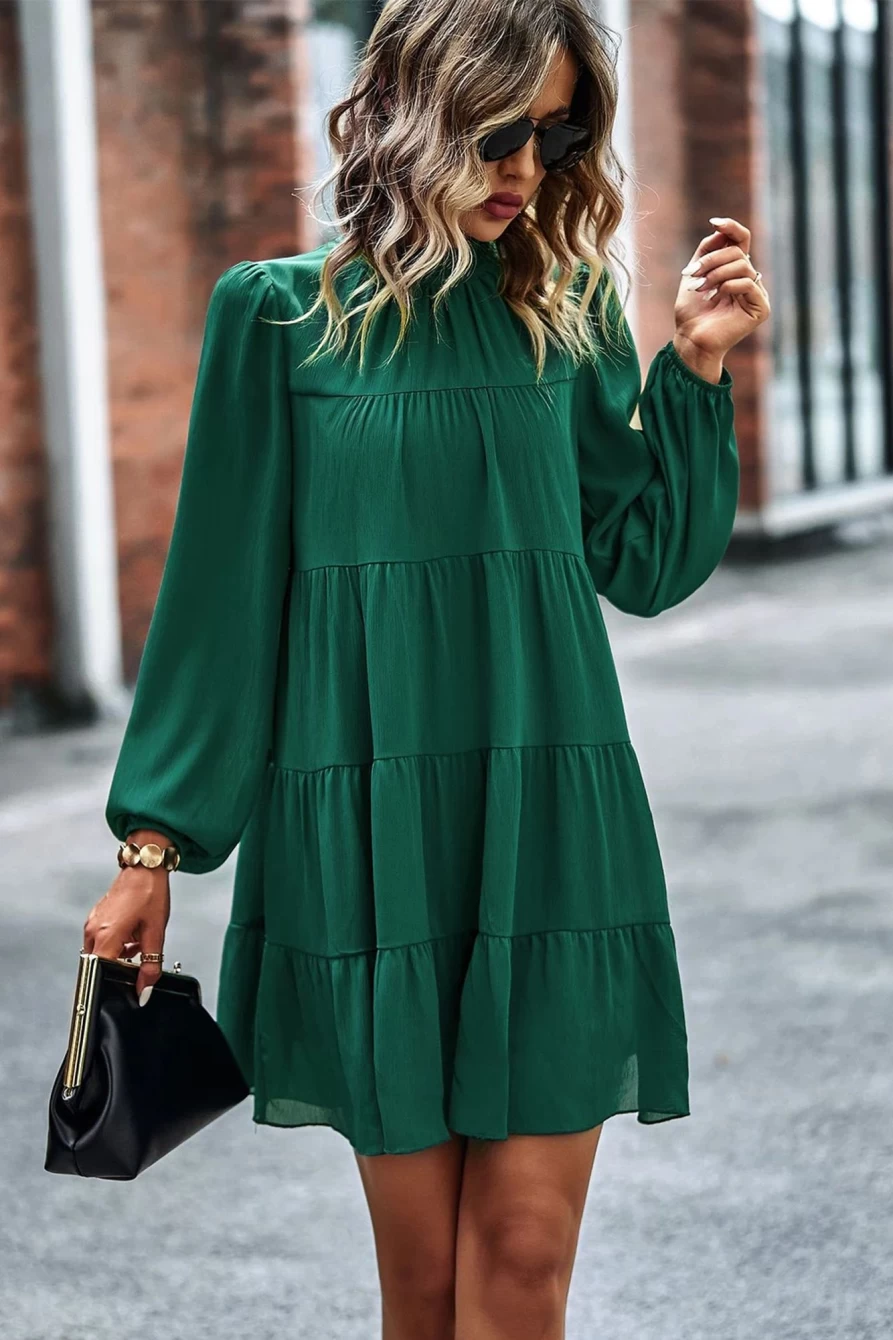 Shewin Women's Green Mock Neck Pleated Mini Dress - Solid Color Casual Elegant Outfit