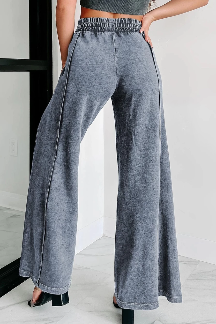Shewin Women's Black Mineral Washed Smocked High-Waisted Wide Leg Pants