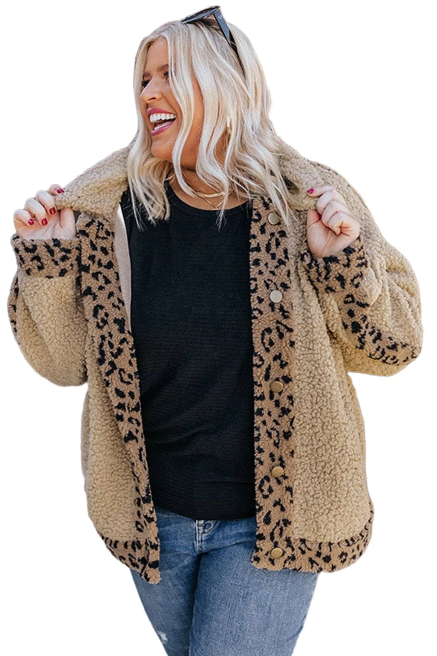 Shewin Women's Plus Size Khaki Sherpa Jacket with Leopard Trim Button Up