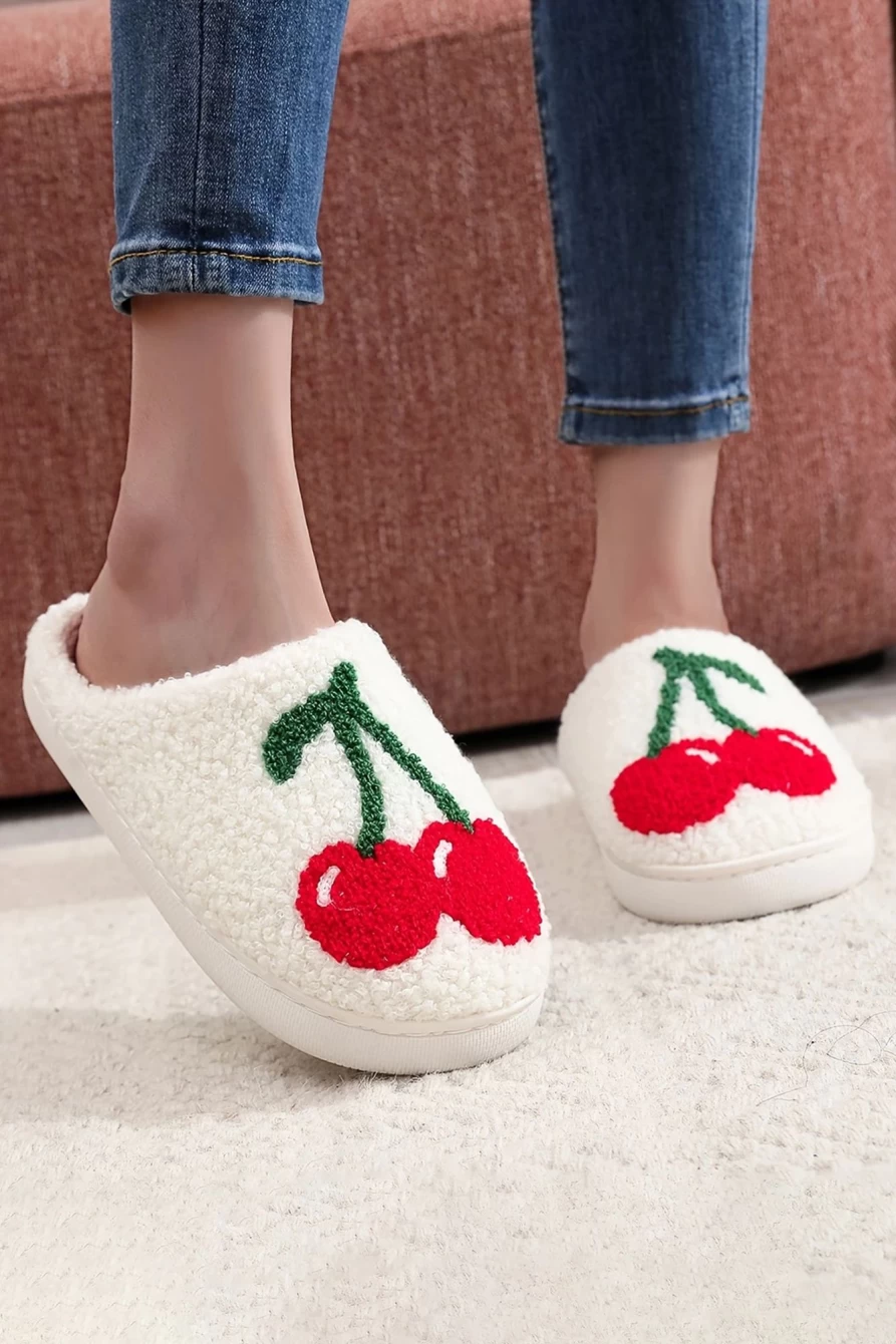 Shewin Women's White Cute Cherry Fruit Open Heel Plush Slippers for Comfort