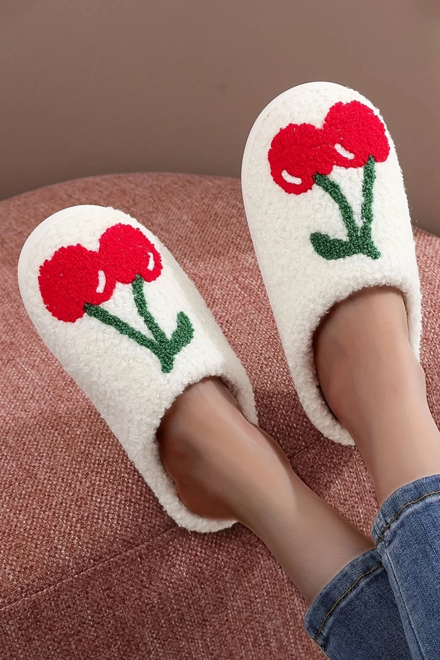 Shewin Women's White Cute Cherry Fruit Open Heel Plush Slippers for Comfort