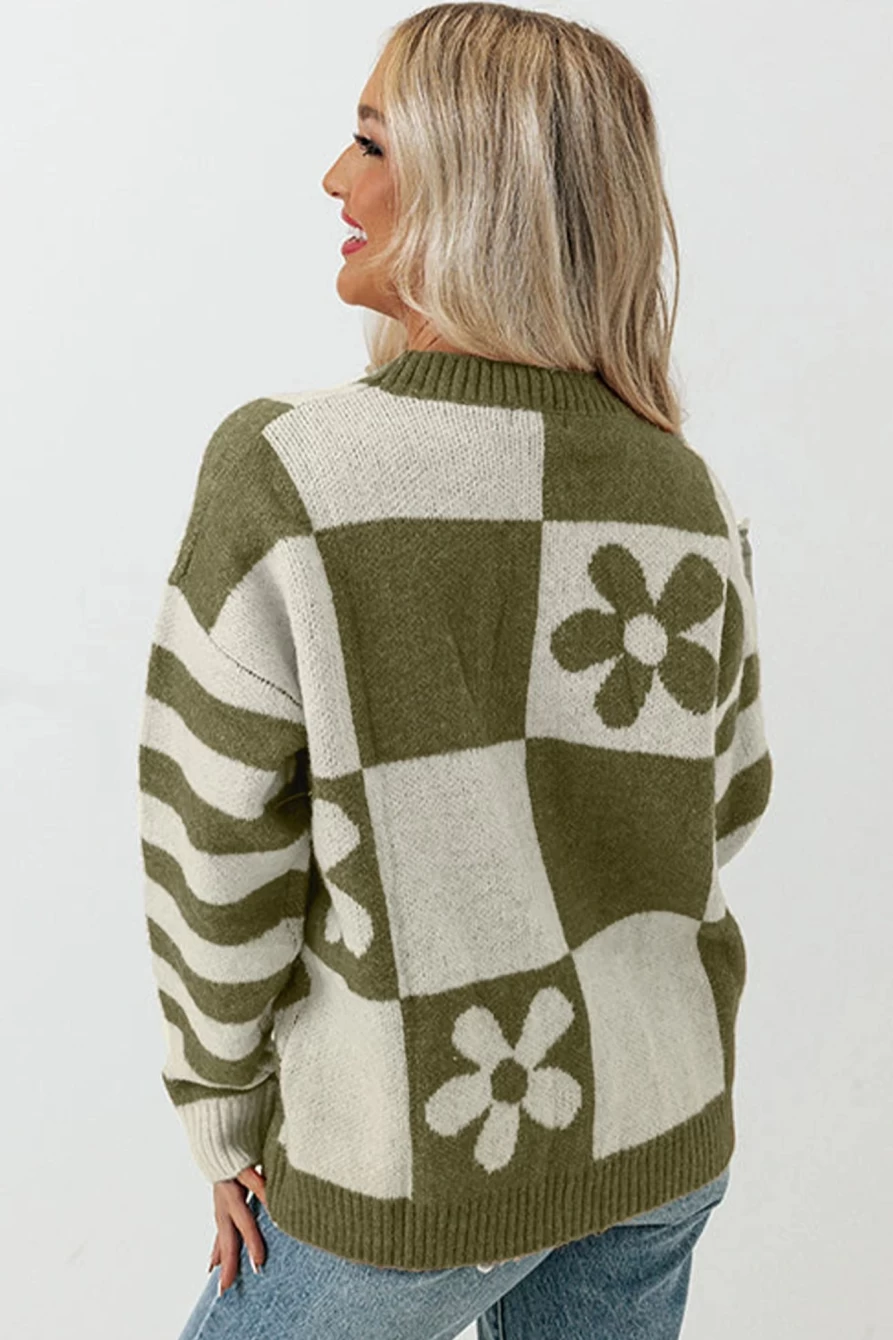 "Shewin Women's Mist Green Checkered Striped Knit Pullover Sweater"