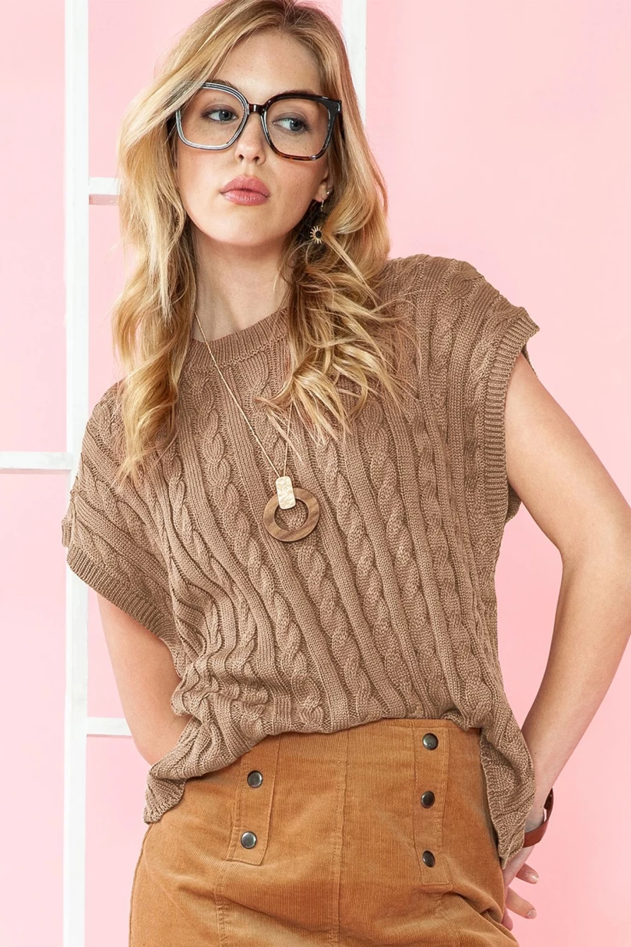 Shewin Women's Flaxen Solid Color Cable Knit Short Sleeve Sweater
