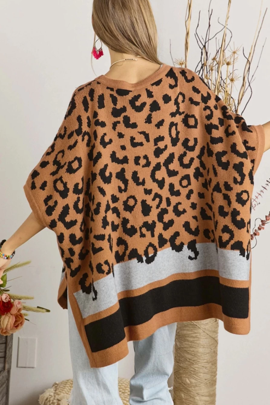 Women's Leopard Print Kimono Sleeve Sweater - Shewin Camel Colorblock Shawl Cardigan