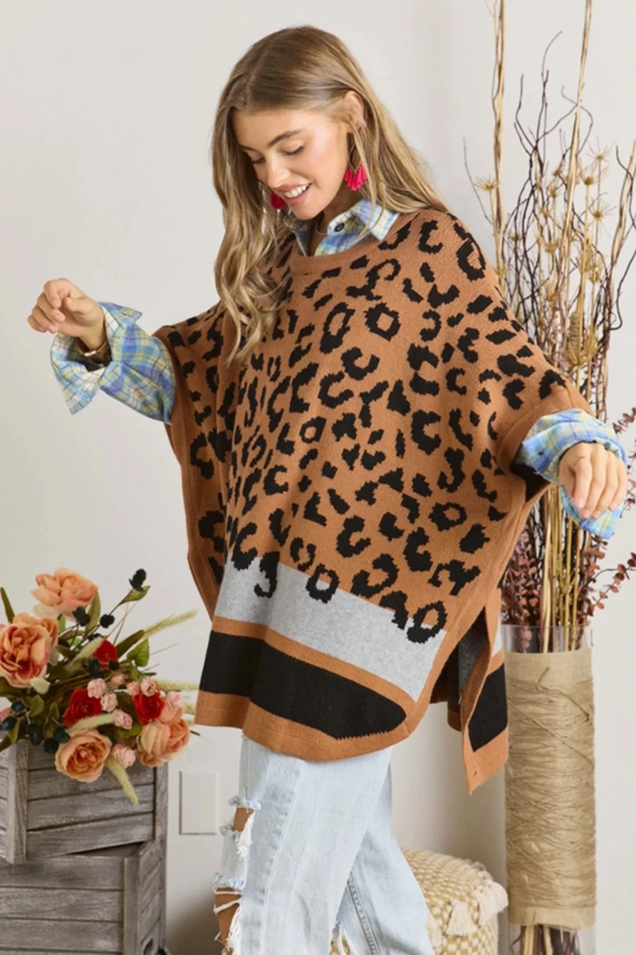 Women's Leopard Print Kimono Sleeve Sweater - Shewin Camel Colorblock Shawl Cardigan