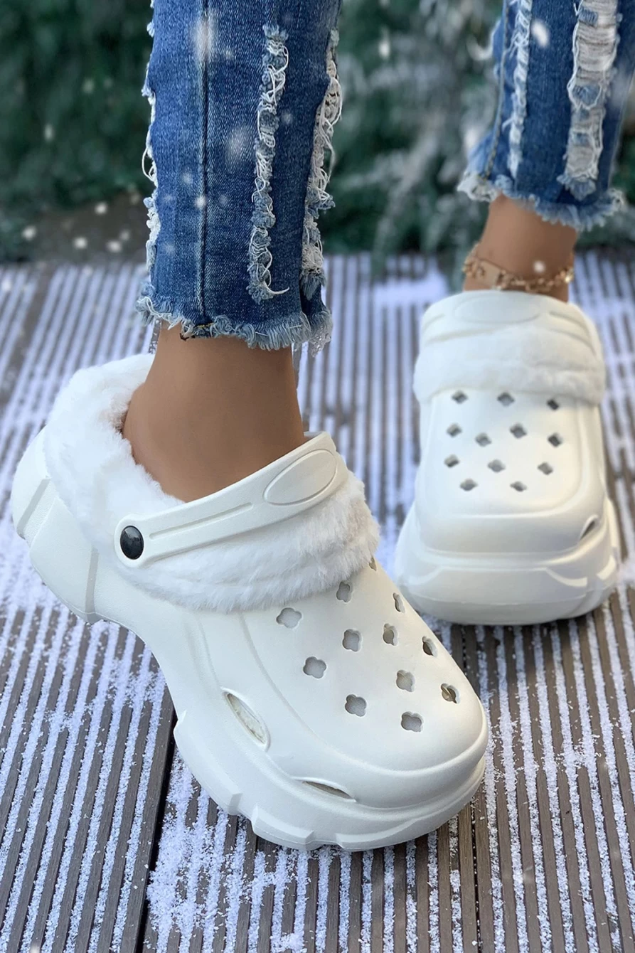 Shewin Women's White Plush Lined Winter Clogs with Thick Hollowed Out Sole