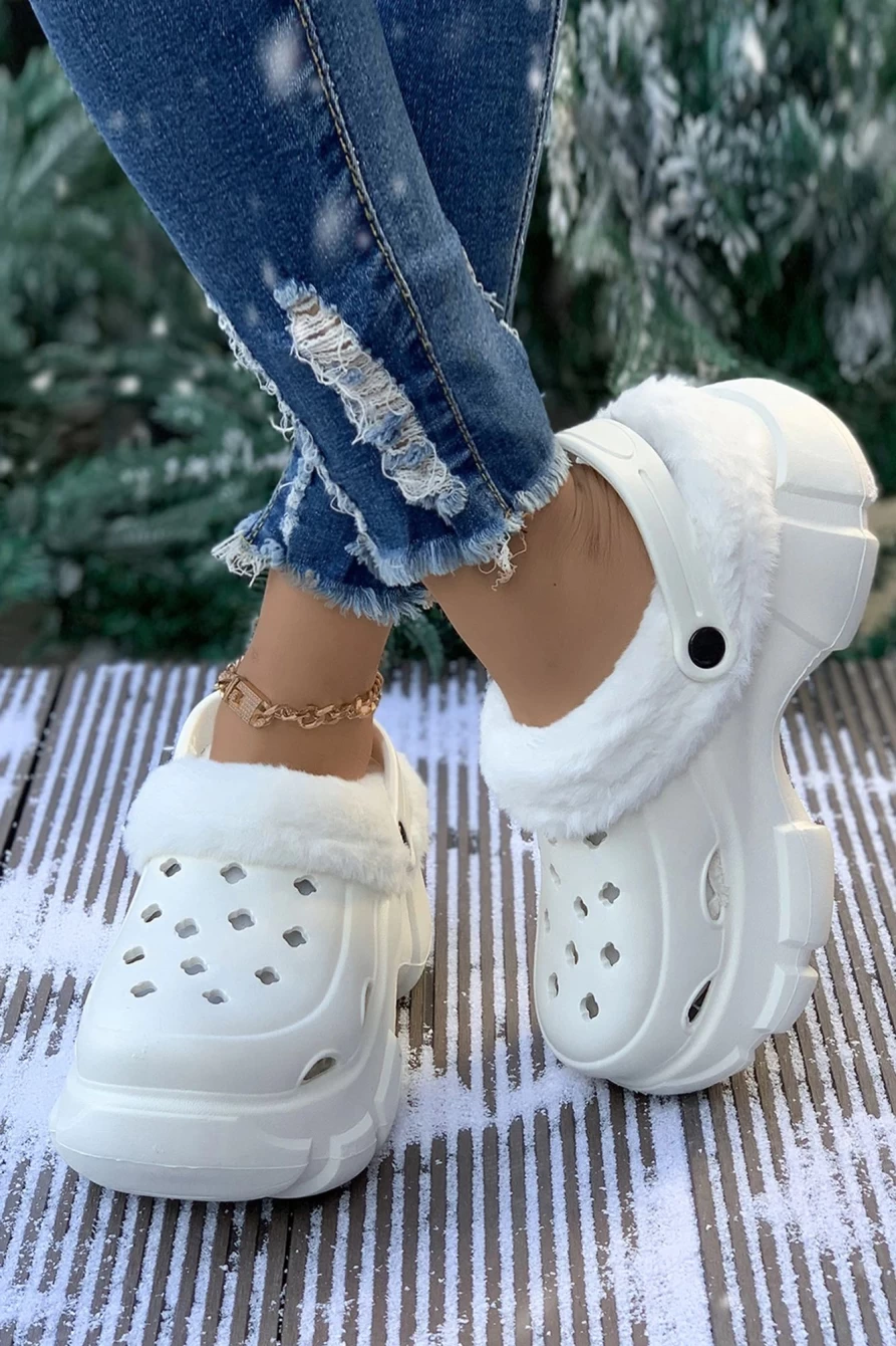 Shewin Women's White Plush Lined Winter Clogs with Thick Hollowed Out Sole