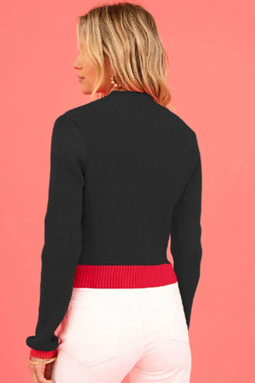 Shewin Women's Black Valentine Colorblock Heart Print Ribbed Sweater