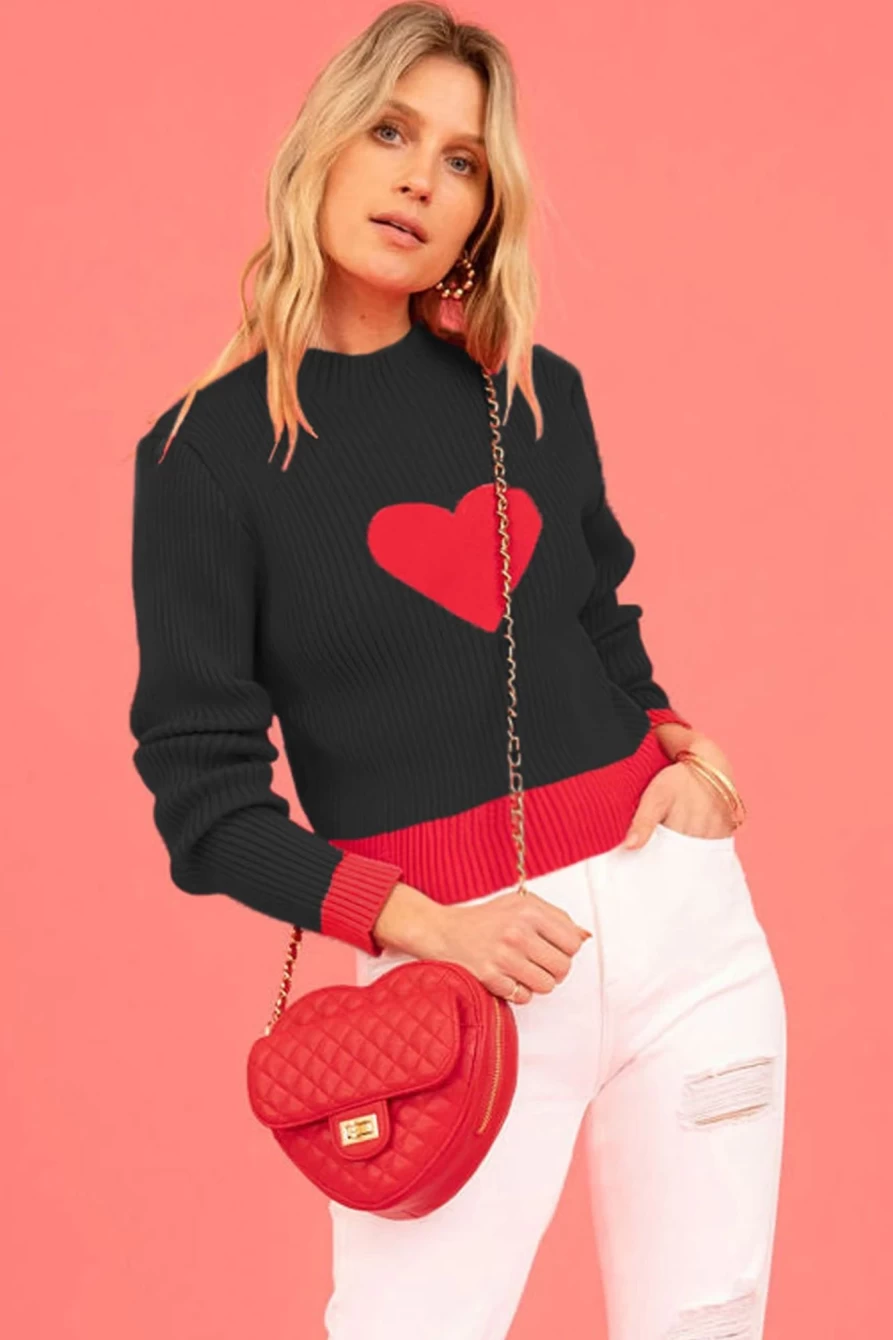 Shewin Women's Black Valentine Colorblock Heart Print Ribbed Sweater