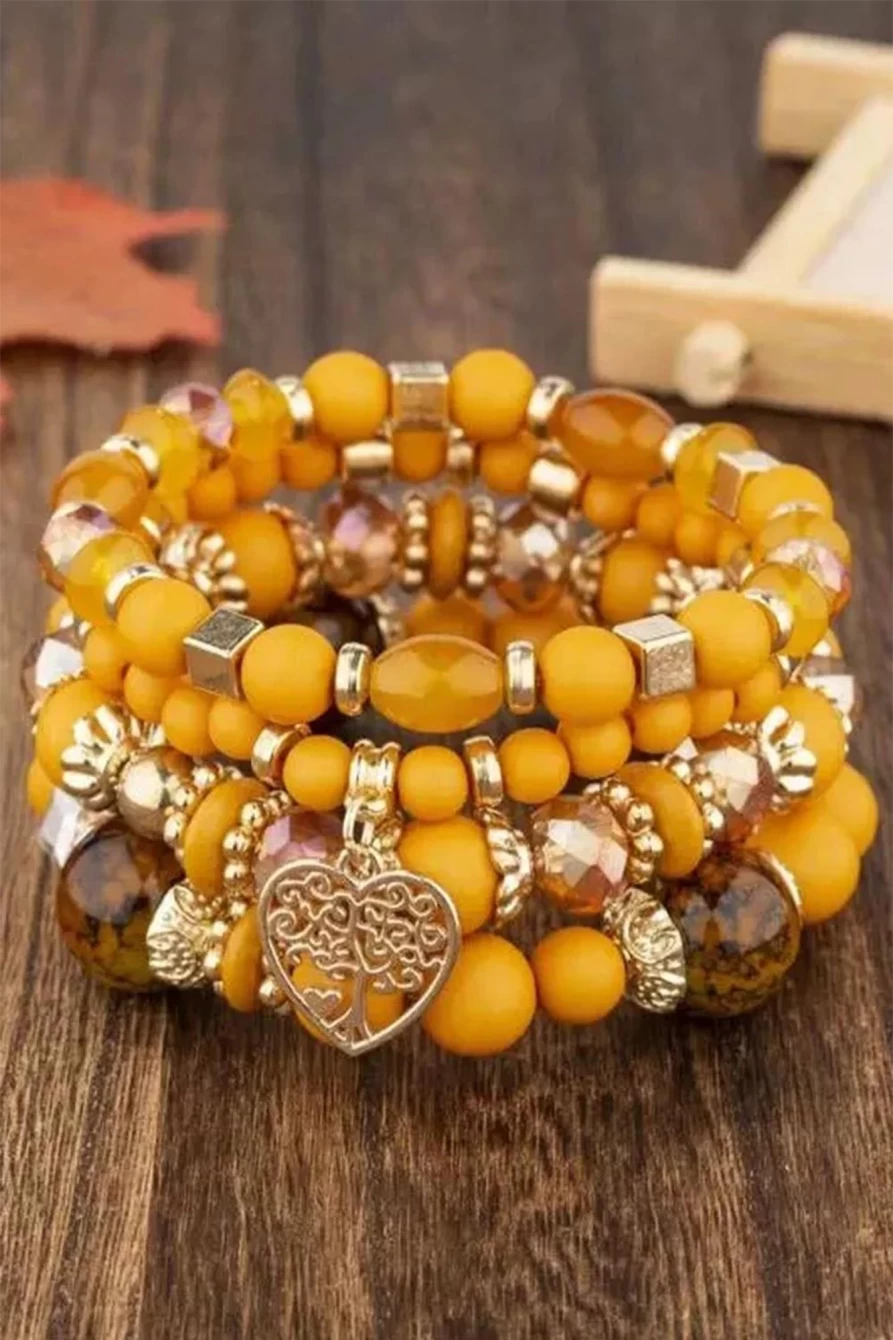 Shewin Women's Vitality Orange Crystal Beaded Heart Pendant Multi-Layer Charm Bracelet