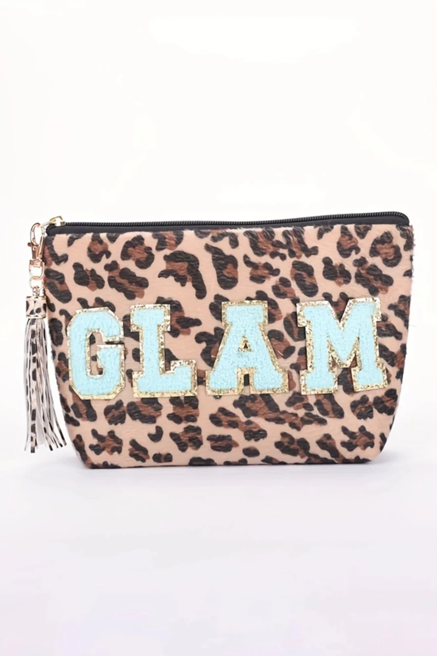Shewin Women's Camel Sparkle Letter Makeup Bag with Tassel Zipper