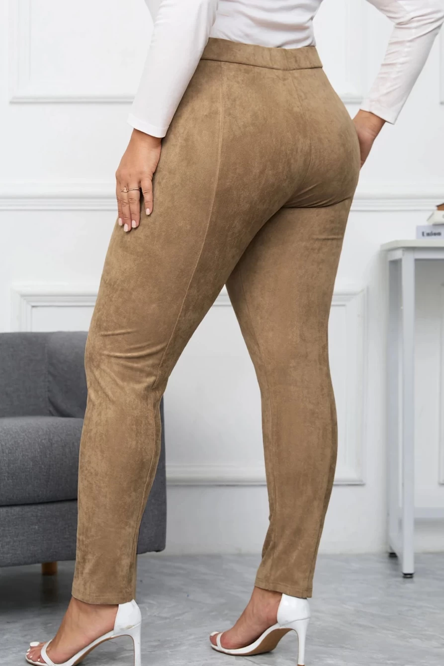 Shewin Women's Plus Size Camel High Rise Faux Suede Skinny Pants for a Stylish Fit