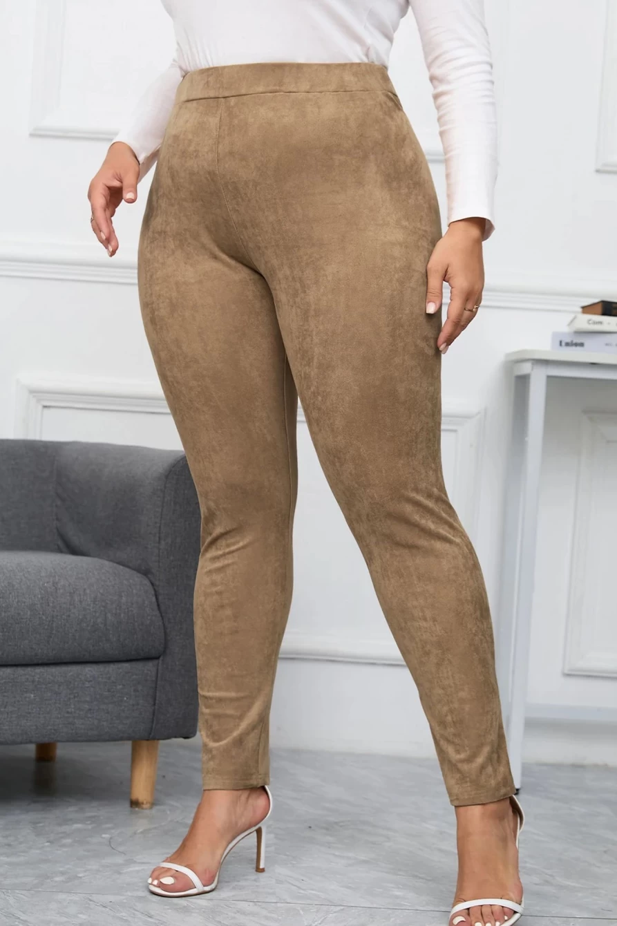 Shewin Women's Plus Size Camel High Rise Faux Suede Skinny Pants for a Stylish Fit