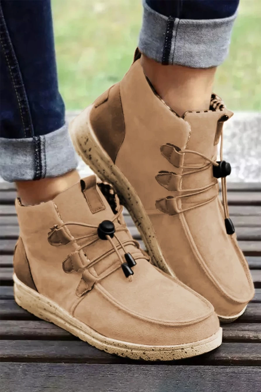 Shewin Women's Beige Faux Suede Lace-Up Ankle Boots - Stylish Chunky Heel Comfort Booties