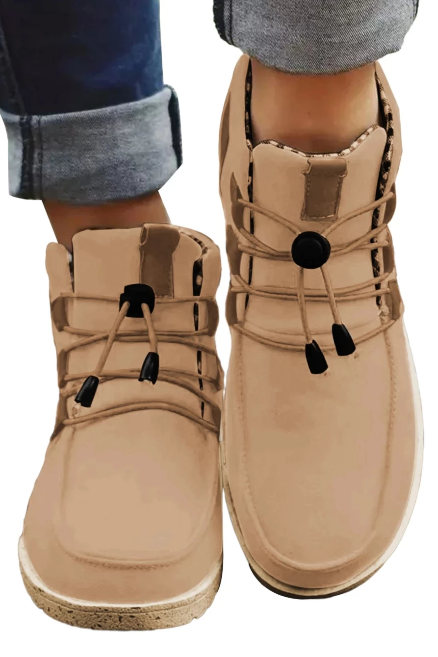 Shewin Women's Beige Faux Suede Lace-Up Ankle Boots - Stylish Chunky Heel Comfort Booties