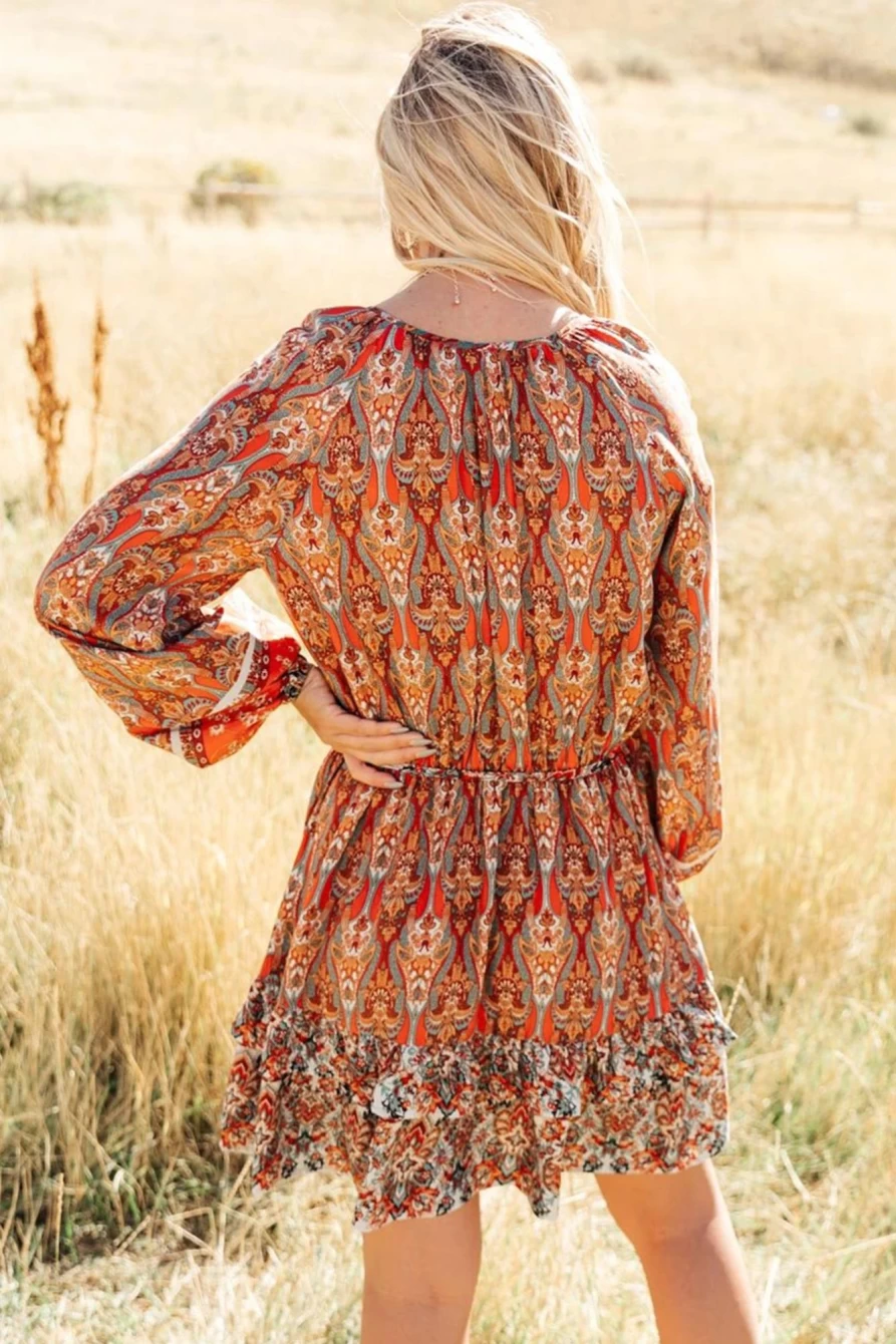 Shewin Women's Orange Bohemian Floral Print Pleated Drawstring Short Dress