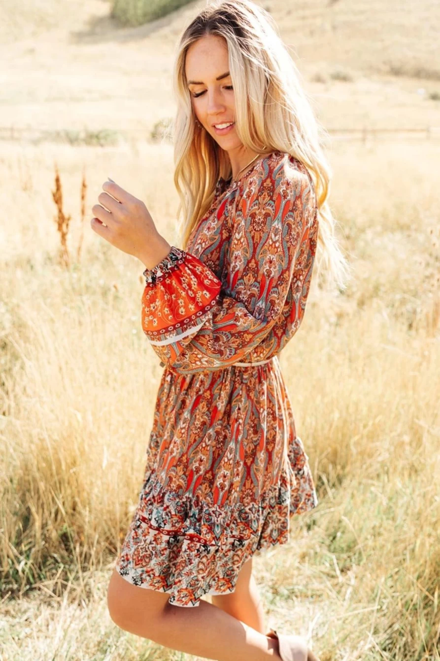 Shewin Women's Orange Bohemian Floral Print Pleated Drawstring Short Dress
