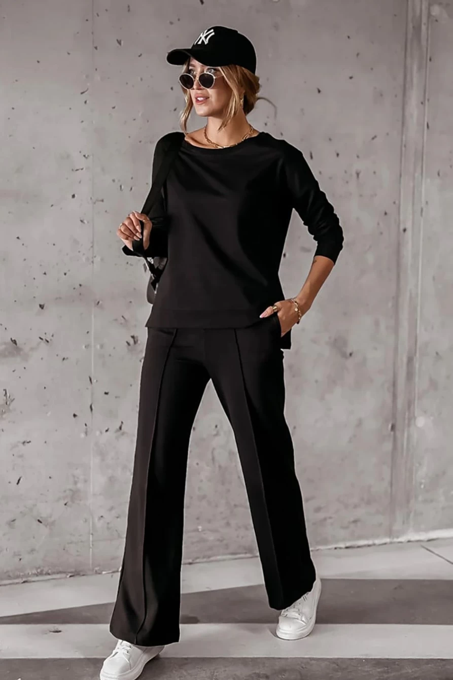 Shewin Women's Black Solid Pullover & Seamed Casual Pants Set