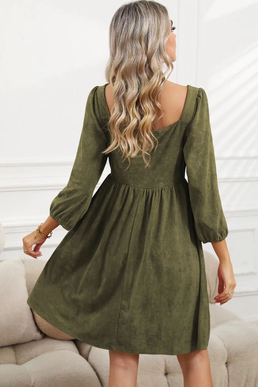 Shewin Women's Pickle Green Square Neck High Waist Flared Short Dress