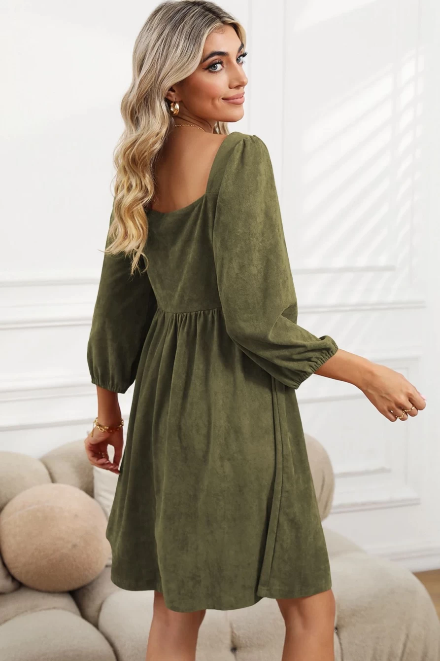 Shewin Women's Pickle Green Square Neck High Waist Flared Short Dress