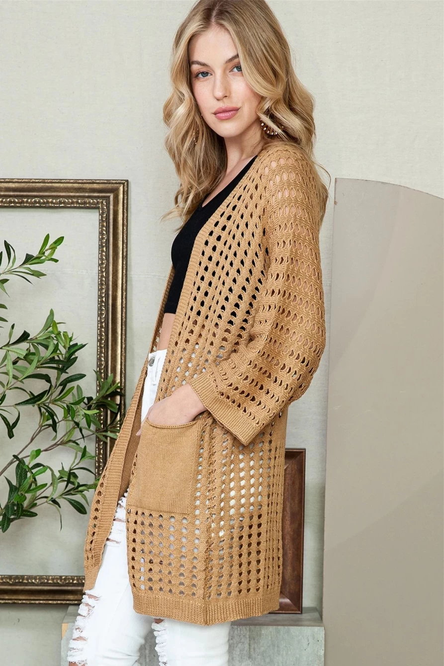 Shewin Women's Camel Pointelle Knit Open Front Cardigan with Pockets
