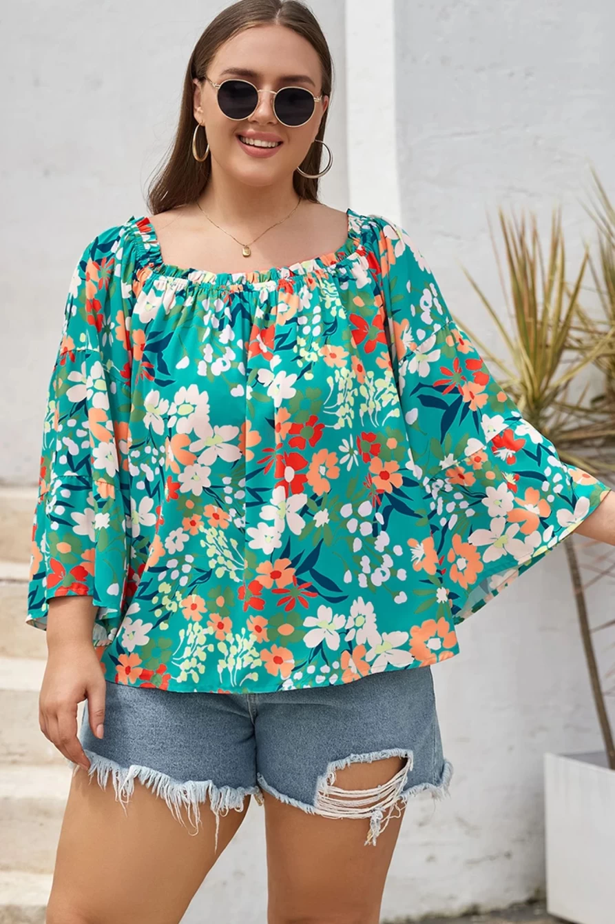 Shewin Women's Green Floral Print Off Shoulder Frilled Blouse Plus Size