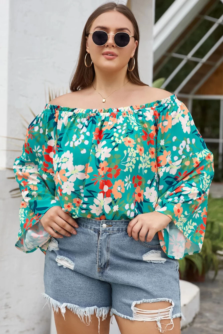 Shewin Women's Green Floral Print Off Shoulder Frilled Blouse Plus Size