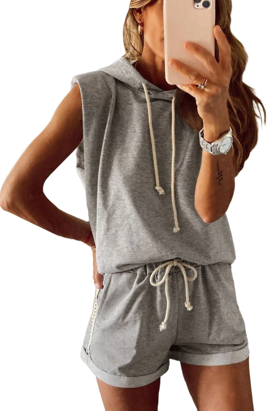 Women's Gray Sleeveless Hoodie with Shorts Set - Shewin Drawstring Athletic Outfit