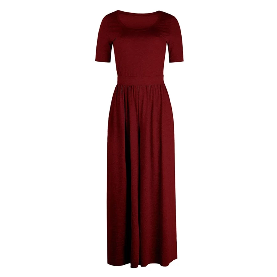 Women's Red Wide Leg Jumpsuit - Shewin Basic Short Sleeve Plain Romper