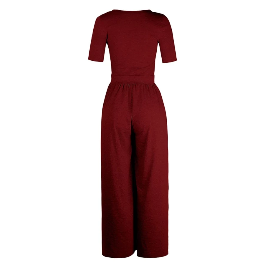 Women's Red Wide Leg Jumpsuit - Shewin Basic Short Sleeve Plain Romper