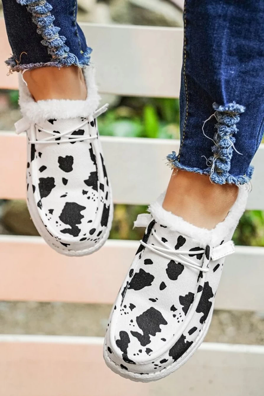 Shewin Women's Bright White Animal Print Slip-On Flats with Lace-Up Detail