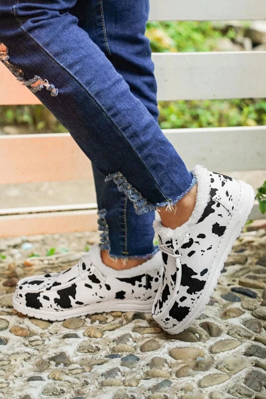Shewin Women's Bright White Animal Print Slip-On Flats with Lace-Up Detail